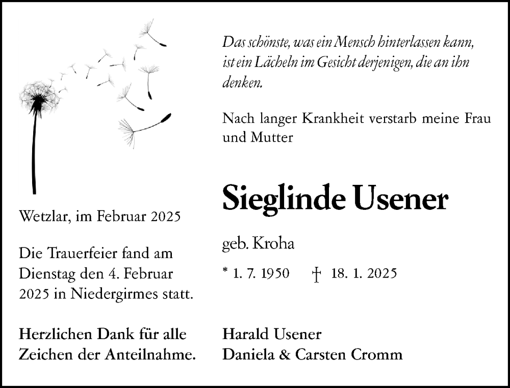  Traueranzeige für Sieglinde Usener vom 08.02.2025 aus Wetzlarer Neue Zeitung