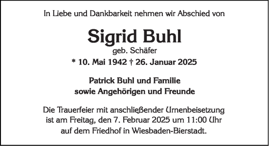 Traueranzeige von Sigrid Buhl von Wiesbadener Kurier