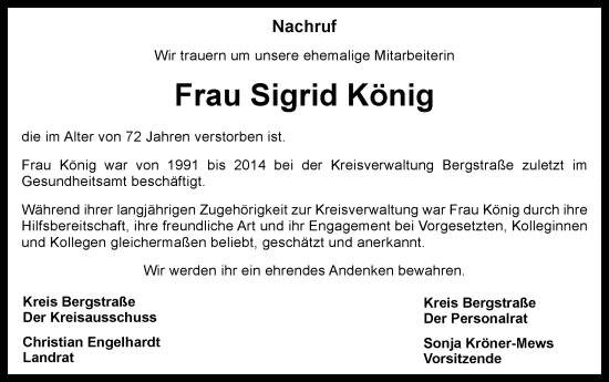 Traueranzeige von Sigrid König von Starkenburger Echo
