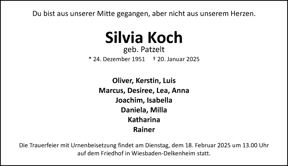  Traueranzeige für Silvia Koch vom 07.02.2025 aus Hochheimer Zeitung