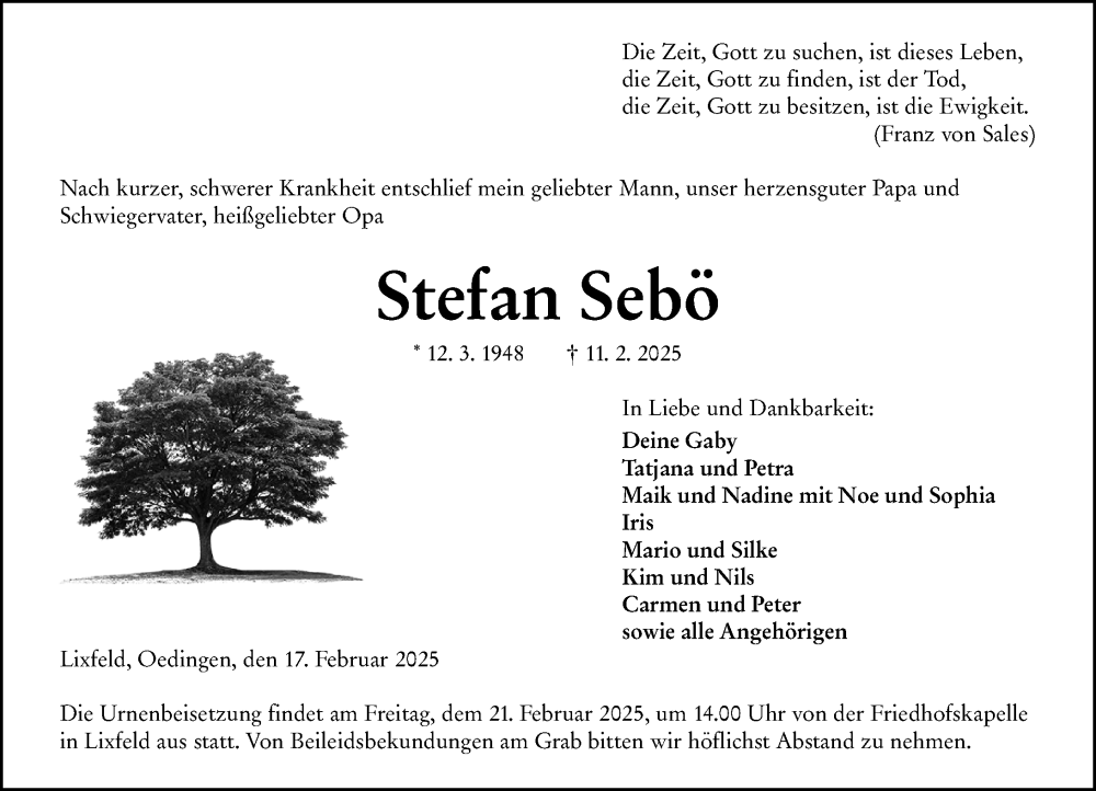  Traueranzeige für Stefan Sebö vom 17.02.2025 aus Hinterländer Anzeiger