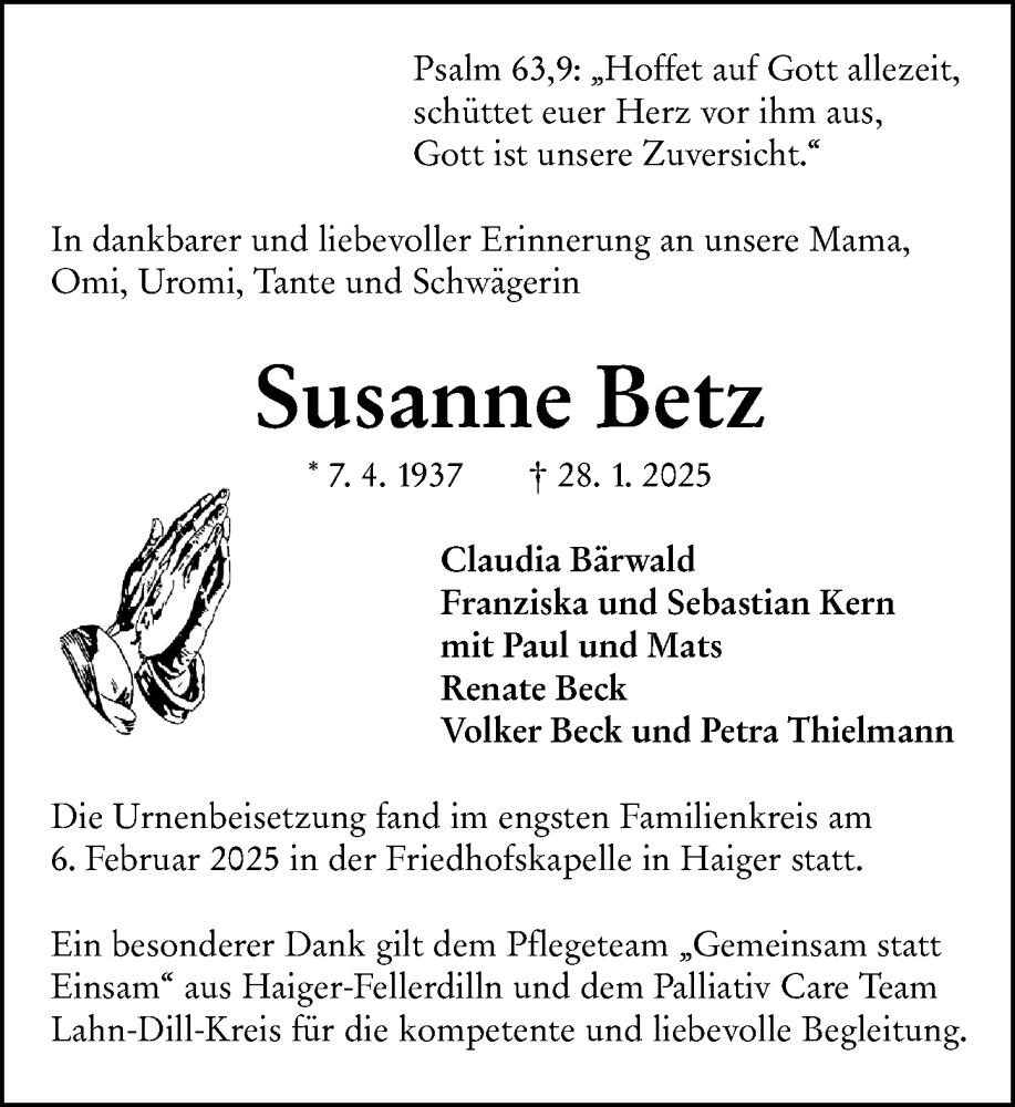  Traueranzeige für Susanne Betz vom 07.02.2025 aus Dill Block