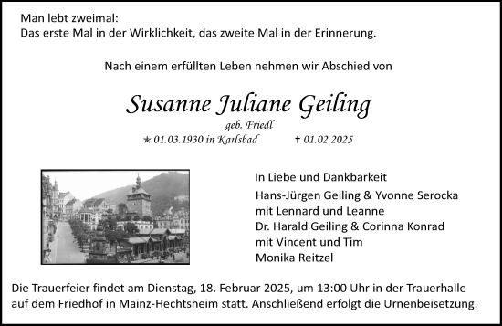 Traueranzeige von Susanne Juliane Geiling von Allgemeine Zeitung Mainz