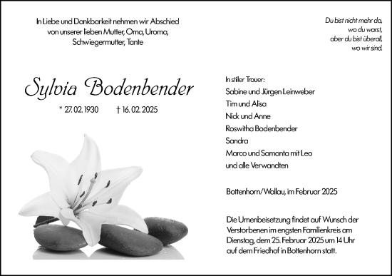 Traueranzeige von Sylvia Bodenbender von Hinterländer Anzeiger