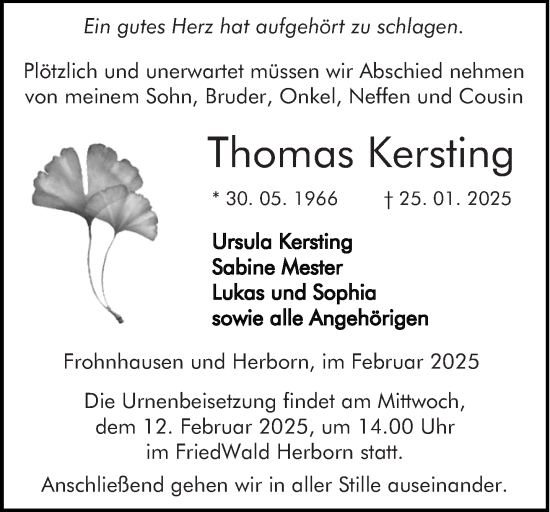 Traueranzeige von Thomas Kersting von Dill Block