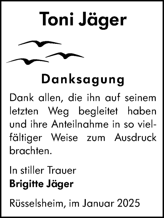 Traueranzeige von Toni Jäger von Rüsselsheimer Echo