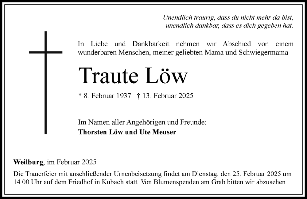  Traueranzeige für Traute Löw vom 19.02.2025 aus Weilburger Tageblatt