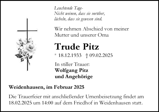 Traueranzeige von Trude Pitz von Hinterländer Anzeiger