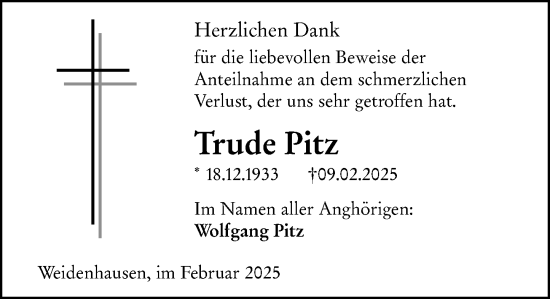 Traueranzeige von Trude Pitz von Hinterländer Anzeiger