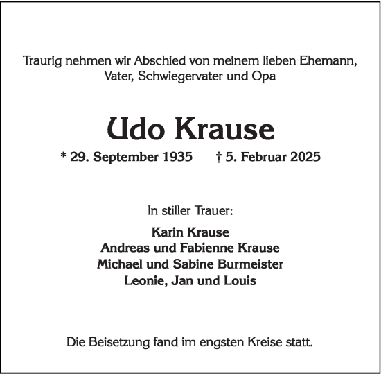 Traueranzeige von Udo Krause von Wiesbadener Kurier