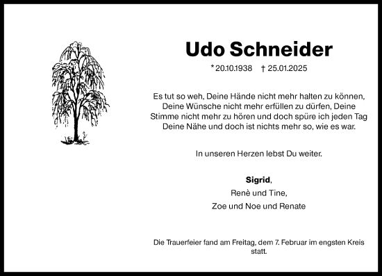 Traueranzeige von Udo Schneider von Darmstädter Echo