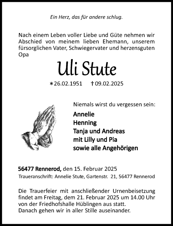 Traueranzeige von Uli Stute von Weilburger Tageblatt