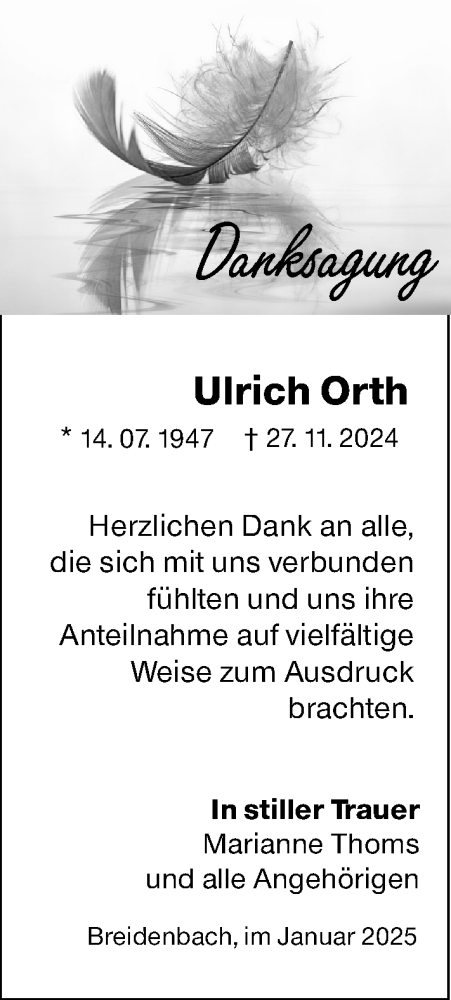 Traueranzeige von Ulrich Orth von Hinterländer Anzeiger