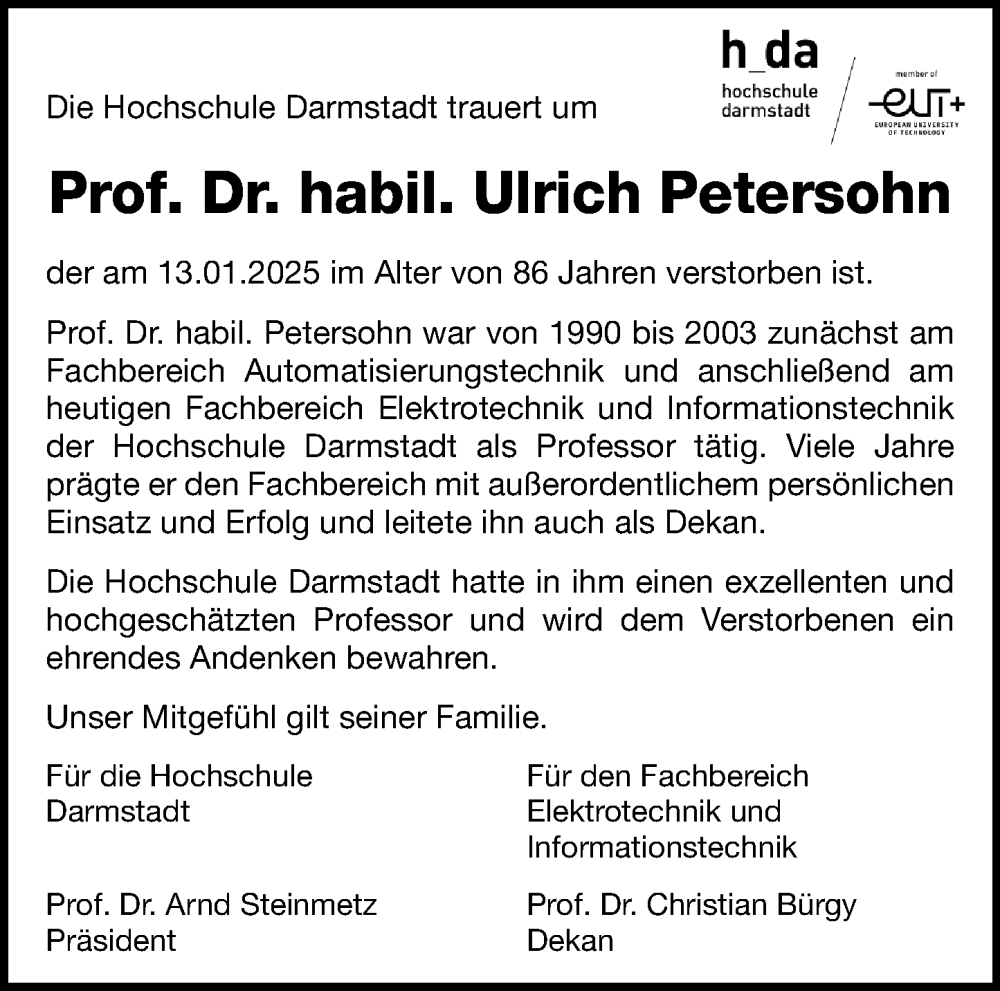  Traueranzeige für Ulrich Petersohn vom 22.02.2025 aus Darmstädter Echo