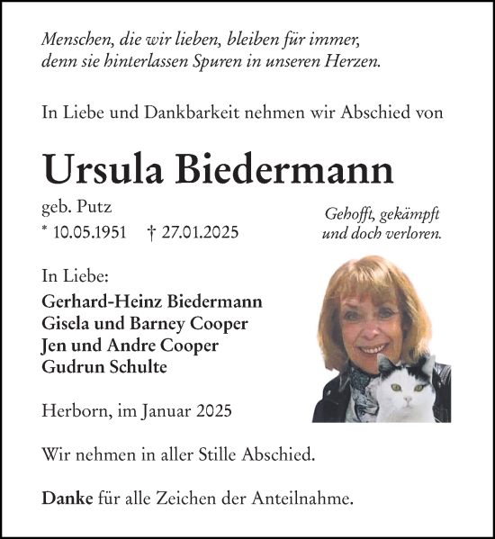 Traueranzeige von Ursula Biedermann von Dill Block