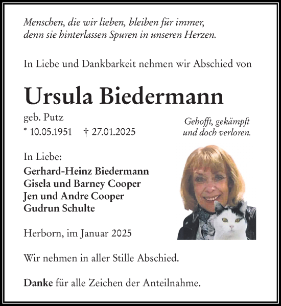 Traueranzeige von Ursula Biedermann von Dill Block