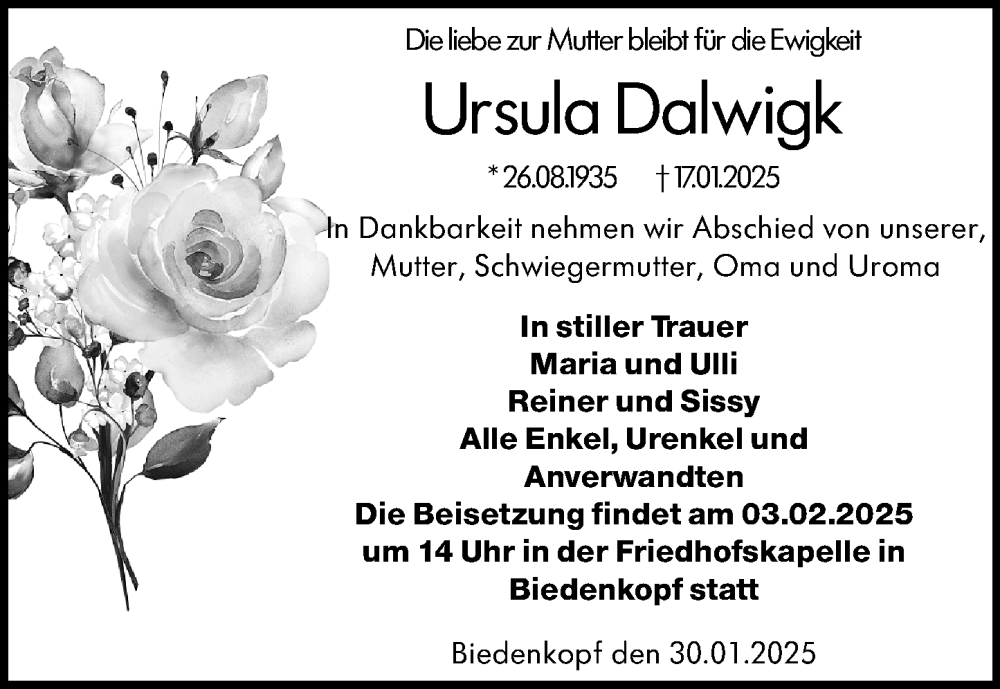  Traueranzeige für Ursula Dalwigk vom 01.02.2025 aus Hinterländer Anzeiger