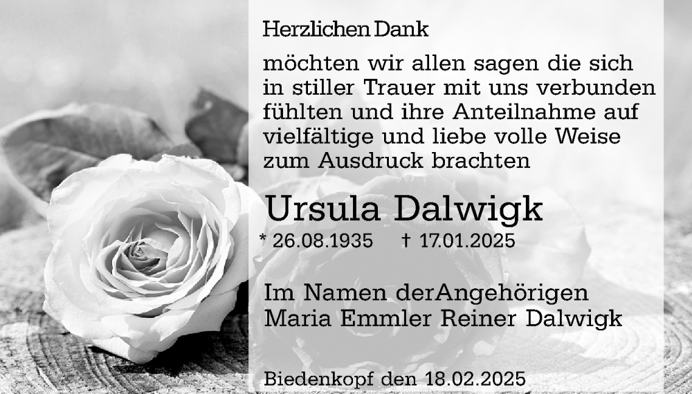  Traueranzeige für Ursula Dalwigk vom 18.02.2025 aus Hinterländer Anzeiger