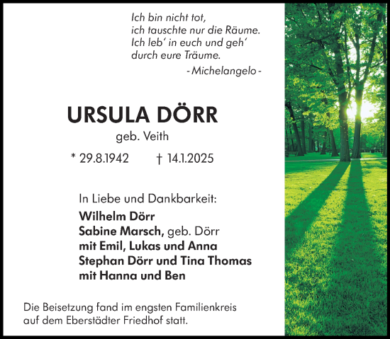 Traueranzeige von Ursula Dörr von Darmstädter Echo