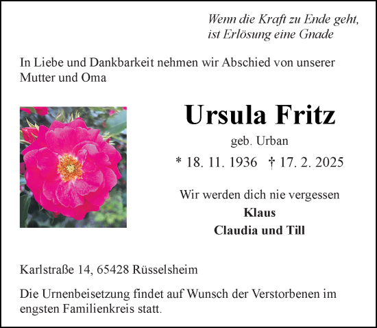 Traueranzeige von Ursula Fritz von Rüsselsheimer Echo