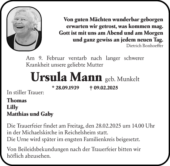 Traueranzeige von Ursula Mann von Odenwälder Echo