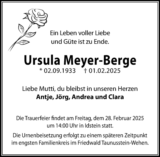 Traueranzeige von Ursula Meyer-Berge von Idsteiner Land/Untertaunus