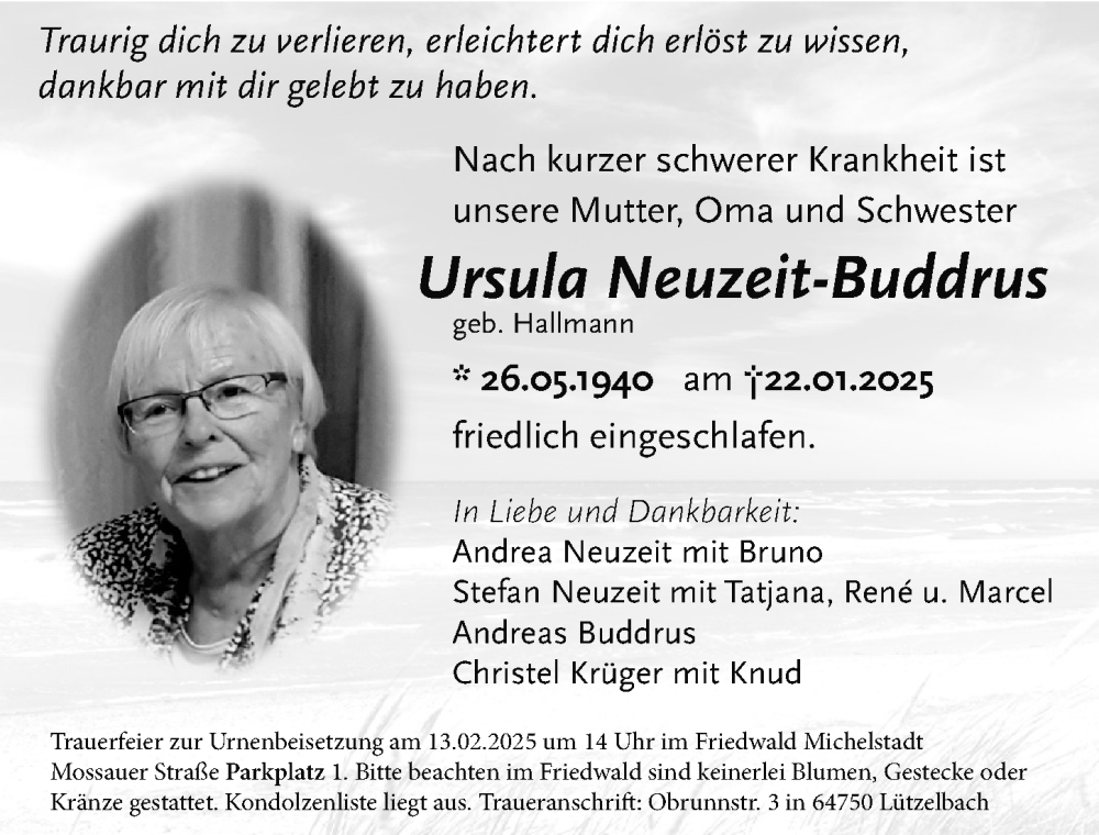  Traueranzeige für Ursula Neuzeit-Buddrus vom 08.02.2025 aus Odenwälder Echo