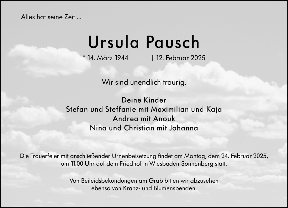  Traueranzeige für Ursula Pausch vom 15.02.2025 aus Wiesbadener Kurier
