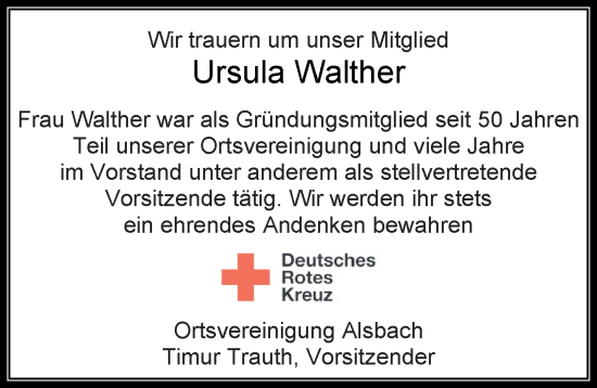 Traueranzeige von Ursula Walther von Darmstädter Echo