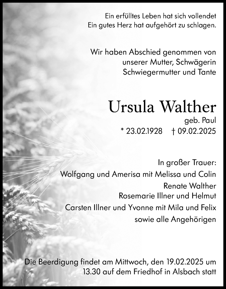  Traueranzeige für Ursula Walther vom 15.02.2025 aus Darmstädter Echo
