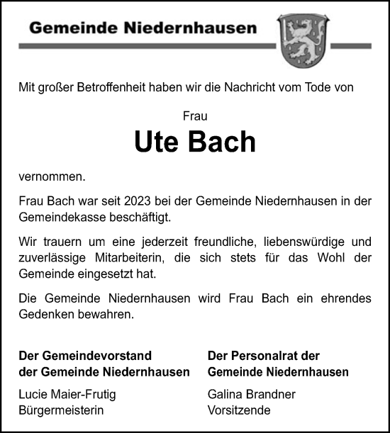 Traueranzeige von Ute Bach von Idsteiner Land/Untertaunus