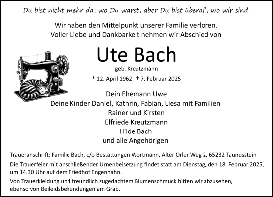 Traueranzeige von Ute Bach von Wiesbadener Kurier