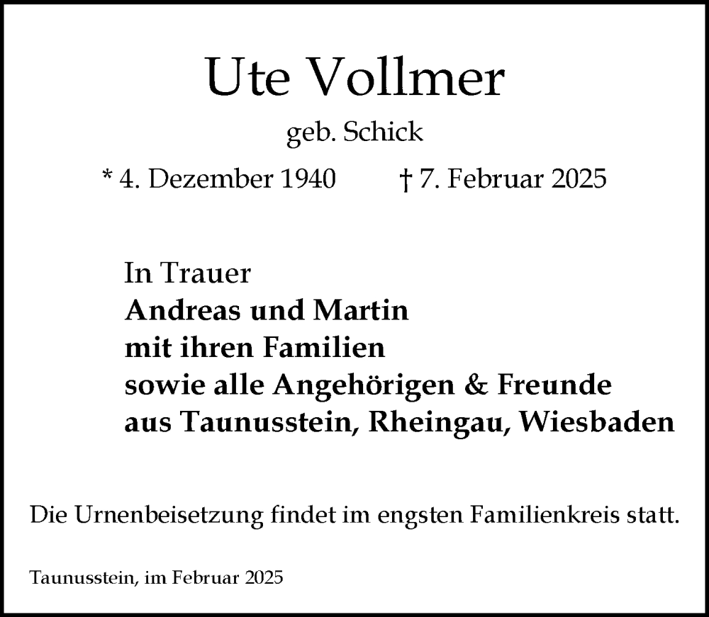  Traueranzeige für Ute Vollmer vom 15.02.2025 aus Wiesbadener Kurier
