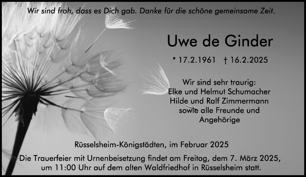  Traueranzeige für Uwe de Ginder vom 22.02.2025 aus Rüsselsheimer Echo