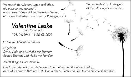 Traueranzeige von Valentine Leske von Binger-/Ingelheimer Wochenblatt