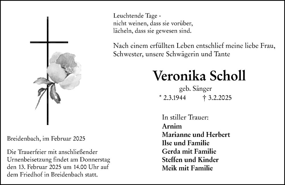 Traueranzeige für Veronika Scholl vom 08.02.2025 aus Hinterländer Anzeiger