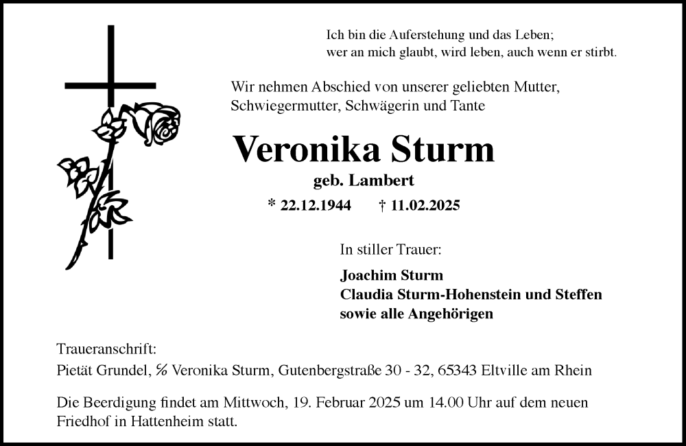  Traueranzeige für Veronika Sturm vom 15.02.2025 aus Rheingau Kurier