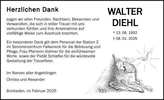 Traueranzeige von Walter Diehl von Wetzlarer Neue Zeitung