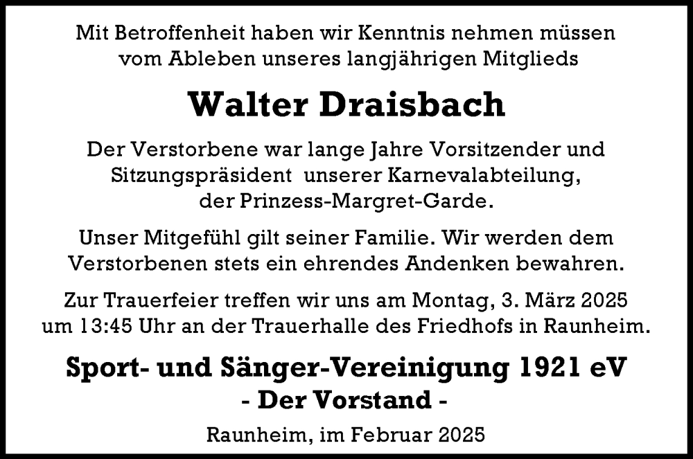  Traueranzeige für Walter Draisbach vom 22.02.2025 aus Rüsselsheimer Echo