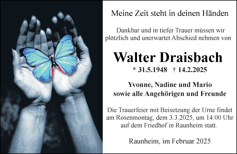  Traueranzeige für Walter Draisbach vom 22.02.2025 aus Rüsselsheimer Echo
