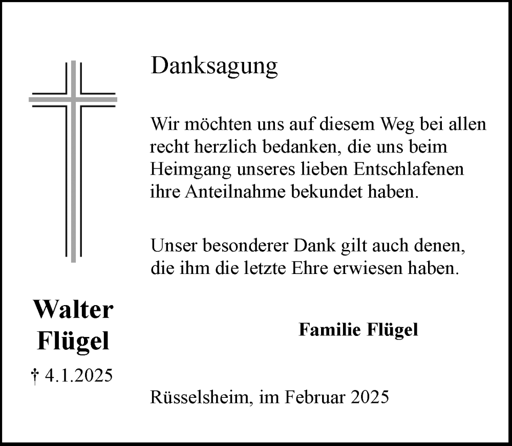  Traueranzeige für Walter Flügel vom 08.02.2025 aus Rüsselsheimer Echo