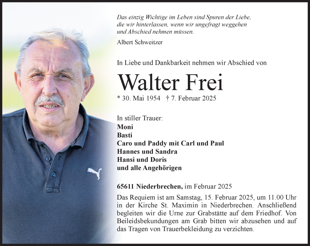  Traueranzeige für Walter Frei vom 12.02.2025 aus Nassauische Neue Presse
