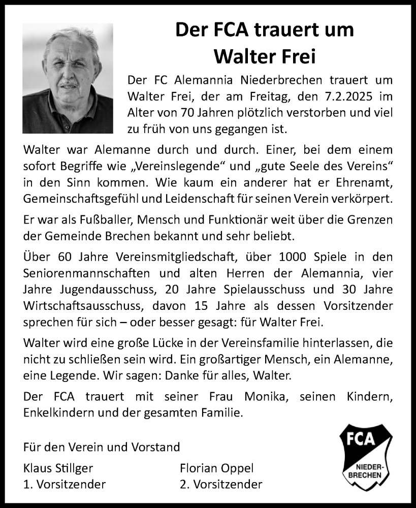  Traueranzeige für Walter Frei vom 20.02.2025 aus Camberger Anzeiger