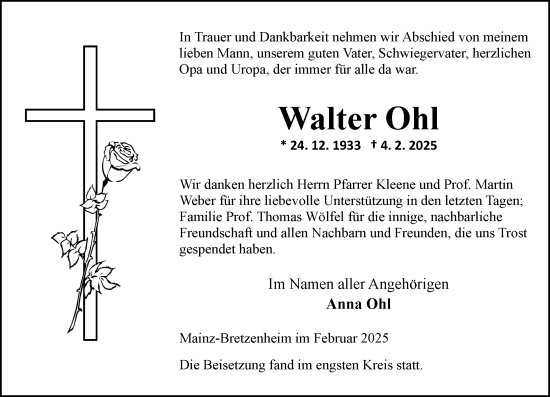 Traueranzeige von Walter Ohl von Allgemeine Zeitung Mainz