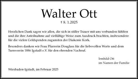 Traueranzeige von Walter Ott von Wiesbadener Kurier