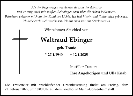Traueranzeige von Waltraud Ebinger von Allgemeine Zeitung Mainz
