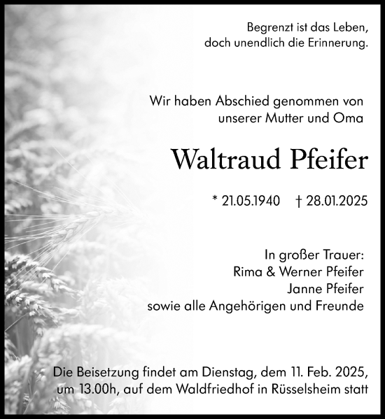 Traueranzeige von Waltraud Pfeifer von Rüsselsheimer Echo