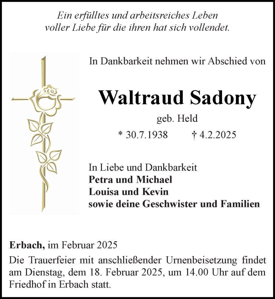  Traueranzeige für Waltraud Sadony vom 13.02.2025 aus Camberger Anzeiger