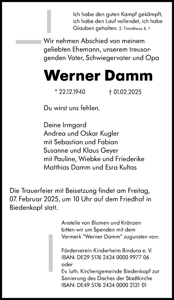  Traueranzeige für Werner Damm vom 05.02.2025 aus Hinterländer Anzeiger