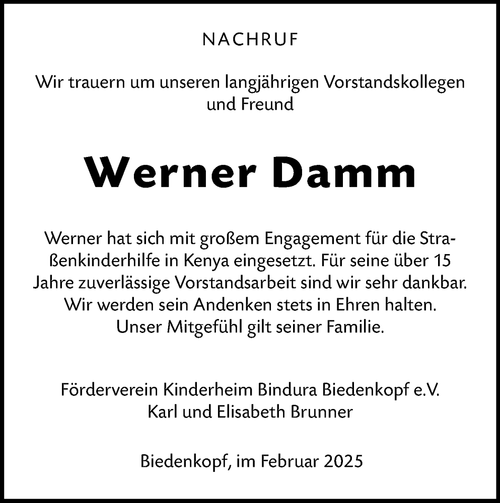  Traueranzeige für Werner Damm vom 12.02.2025 aus Hinterländer Anzeiger